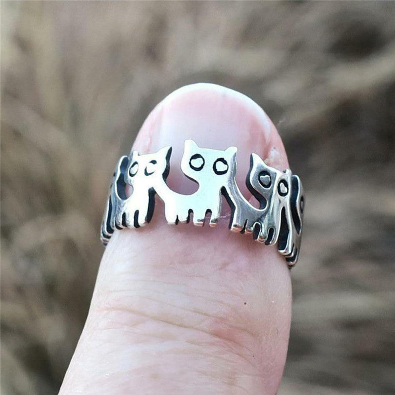 Electroplated Animal Ring Cute Black Cat Retro Thai Silver Design Copper Ring European American Zodiac Jewelry