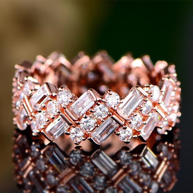 Womens Zircon Ring Gold Plated Copper Geometric Inlaid Gemstone Fashion Jewelry For Daily Wear Elegant Sparkle