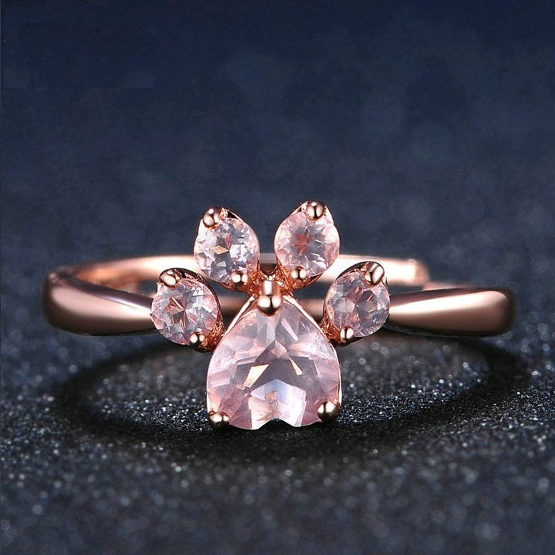 Rose Quartz Ring Adjustable One Size Fits Most 7 To 10 Paw Shaped Stone 925 Silver With Rose Gold Plating Glow