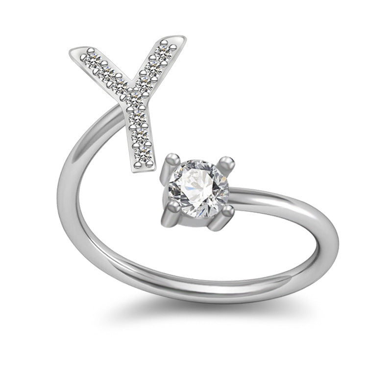 Womens Initial Rings Adjustable Copper Letter Ring With Sterling Silver Gem Inlay Fine European Jewelry A to Z