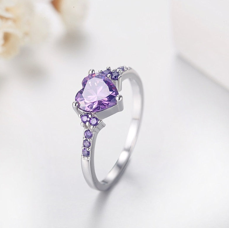 Womens Natural Amethyst Zircon Heart Shaped Silver Tone Ring Jewelry For Her Fashion Wedding Gift High Quality