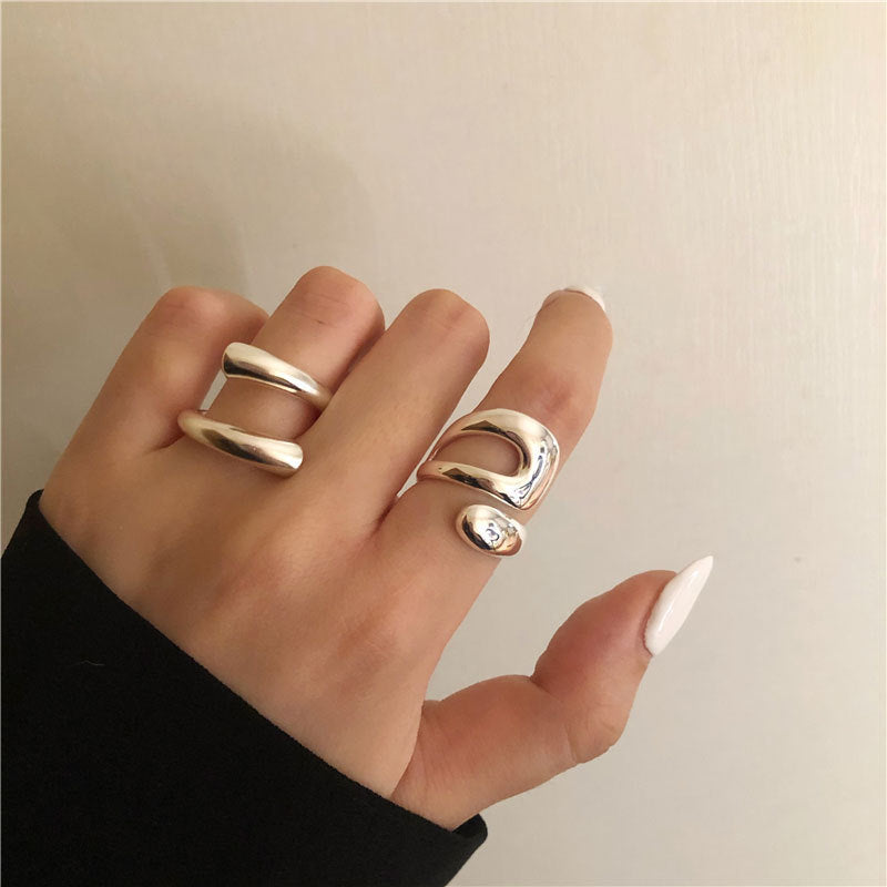 Womens Silver Plated Ring Korean Geometric Adjustable Open Ring Irregular Curve Hollow Design Everyday Jewelry