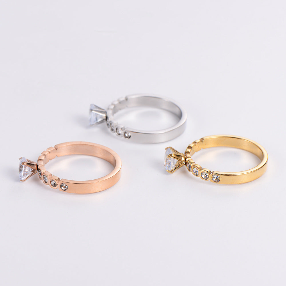 Polished Hexagonal Rhinestone Zircon Ring Inlaid Stainless Steel Gold Rose Gold Finish Sizes 5 6 7 8 9 Sparkle