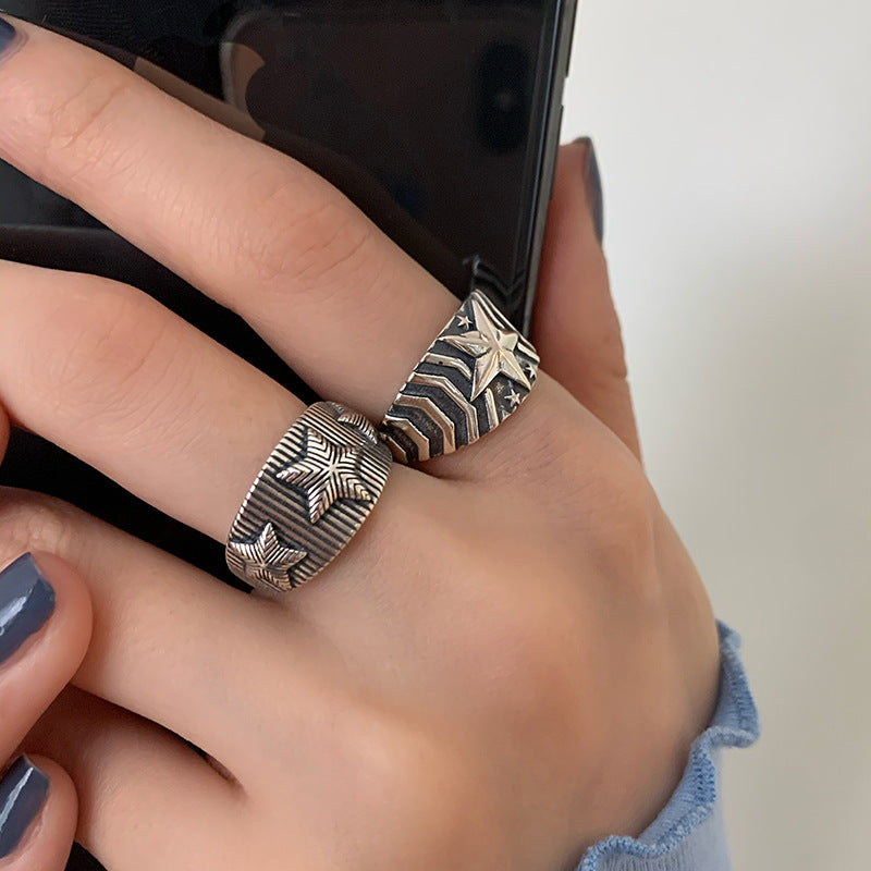 Womens Sterling Silver Ring Vintage Classic Distressed Pentagram Ring Adjustable Opening Jewelry For Women Timeless Gem