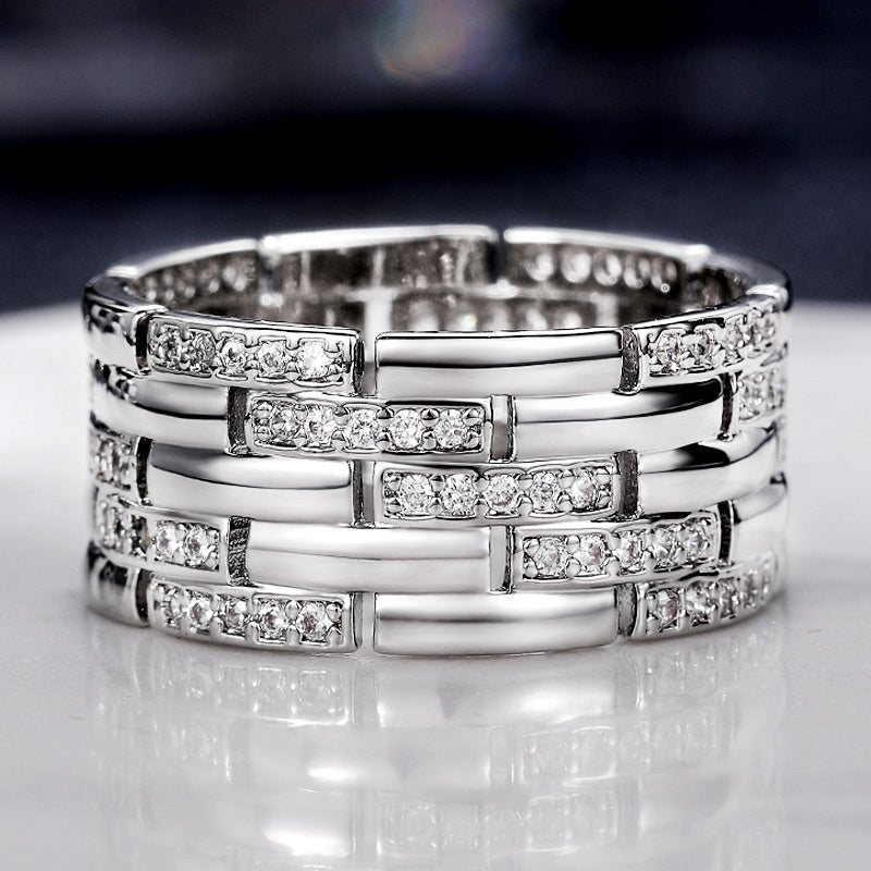 Men Wide Zircon Micro Pave Ring Copper Geometric White Gold Tone Fashion Jewelry Accessory Elegant Unisex Ring