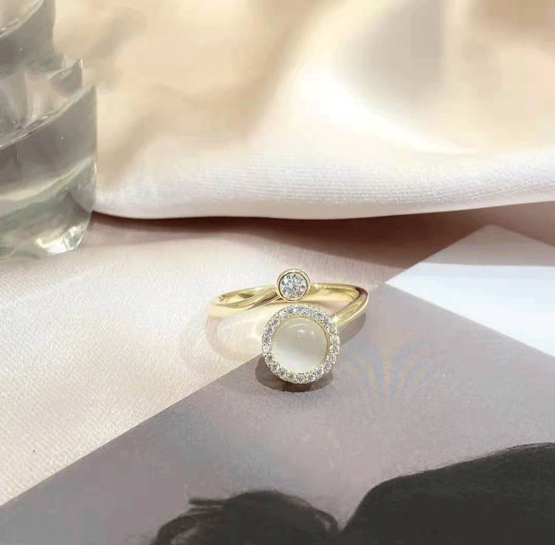 Womens Adjustable Ring Cat Eye Moonstone Rotatable Copper Band Little Golden Ball Korean Fashion Ring Style Cat Style