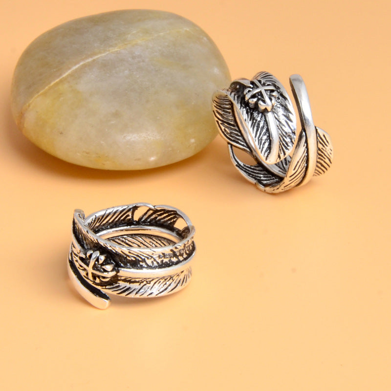 Adjustable Feather Ring Open Design Metal Electroplated Thai Silver Finish Feather Jewelry For Index Finger Ring