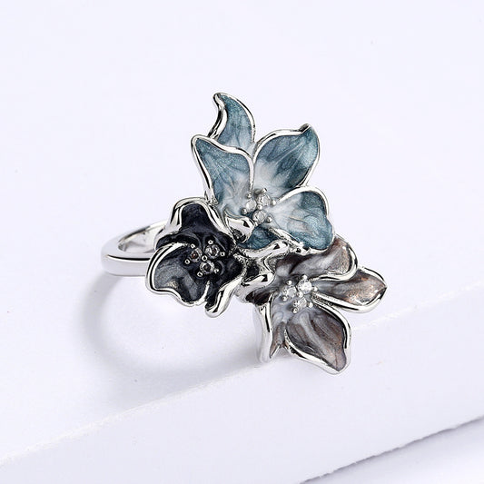 Simple Chinese Style Splash Ink Epoxy Inlaid Zircon Flower Ring For Women Retro Vintage Jewelry Elegant Finish
