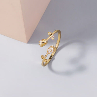 Womens Adjustable Flower Ring Gold Plated Copper Rosette Trendy Ring With Artificial Gemstones Elegant Jewelry