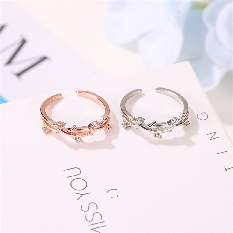 Electroplated Copper Ring With Natural Branch Design And Diamond Accents For Women And Girls Elegant Gift Idea
