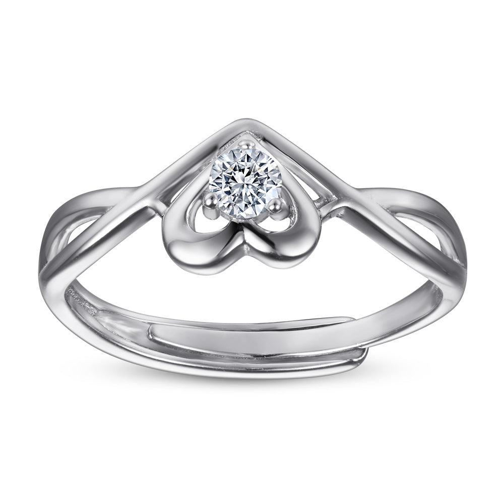 Heart Shaped 925 Sterling Silver Ring For Women Adjustable Zircon Inlay Jewelry Gift For Wedding And Anniversary
