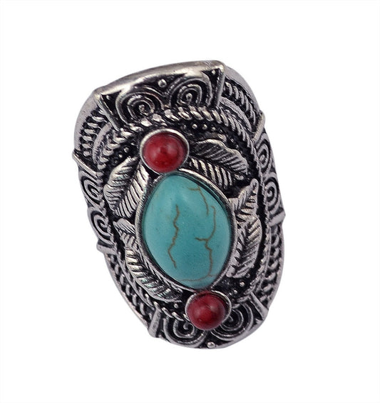 Retro Turquoise Alloy Ring For Women Exaggerated Round Statement Jewelry With Electroplating Inlay Details Set