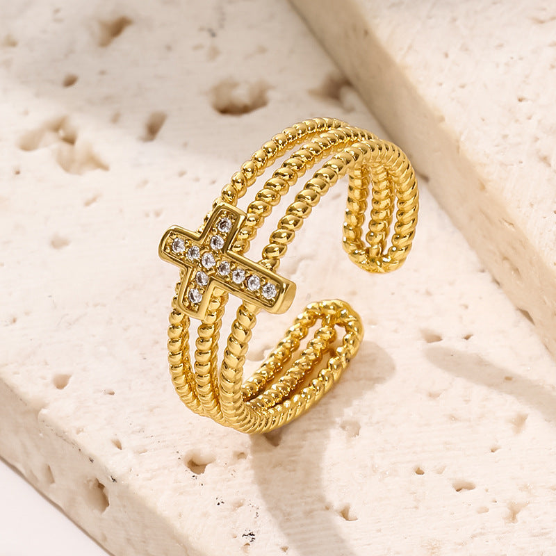 Open Adjustable Copper Ring With 18K Gold Plating Three Layer Hollow Zircon Cross Geometric Design Jewelry For Women