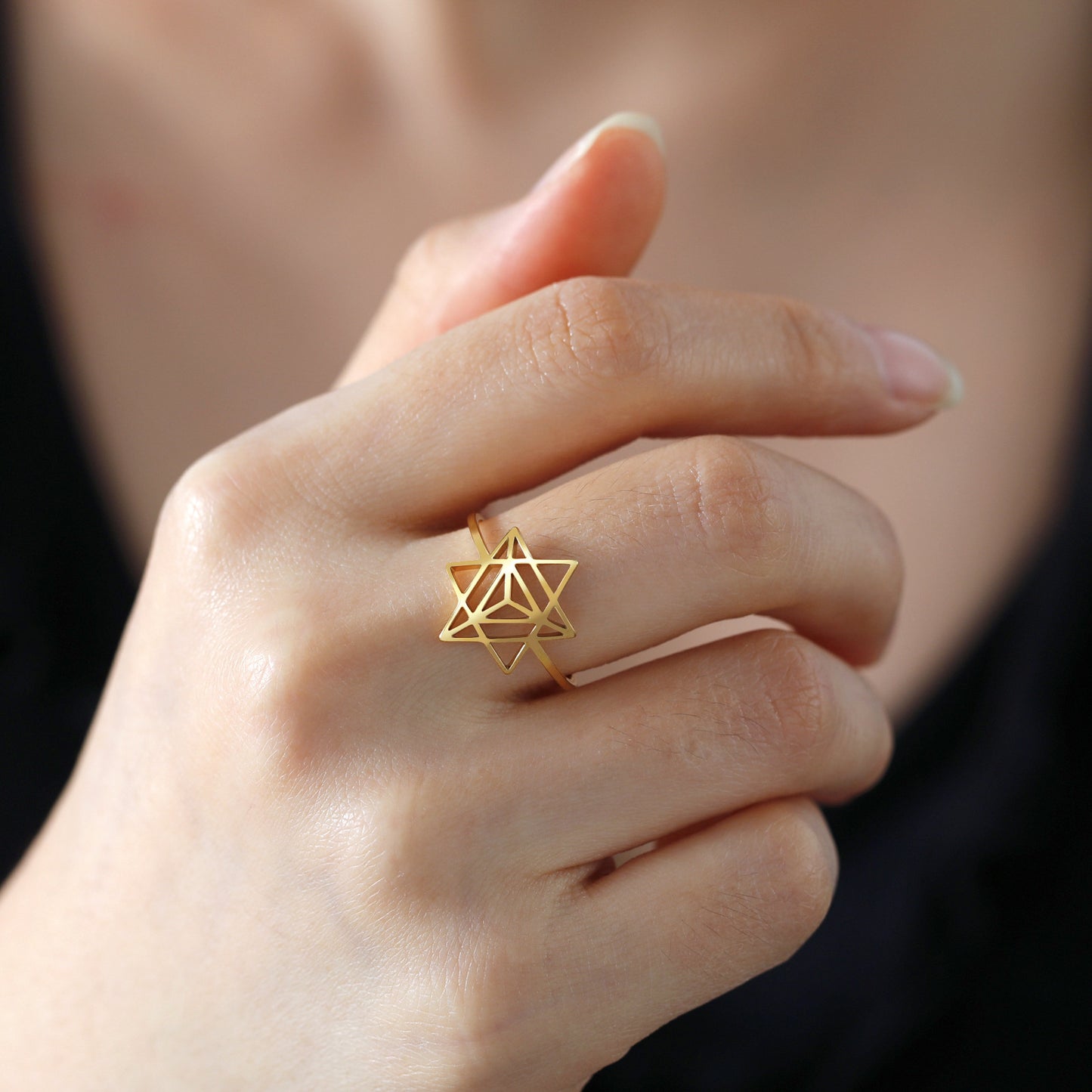 Hexagonal Star Ring Stainless Steel Inlaid Titanium Finish