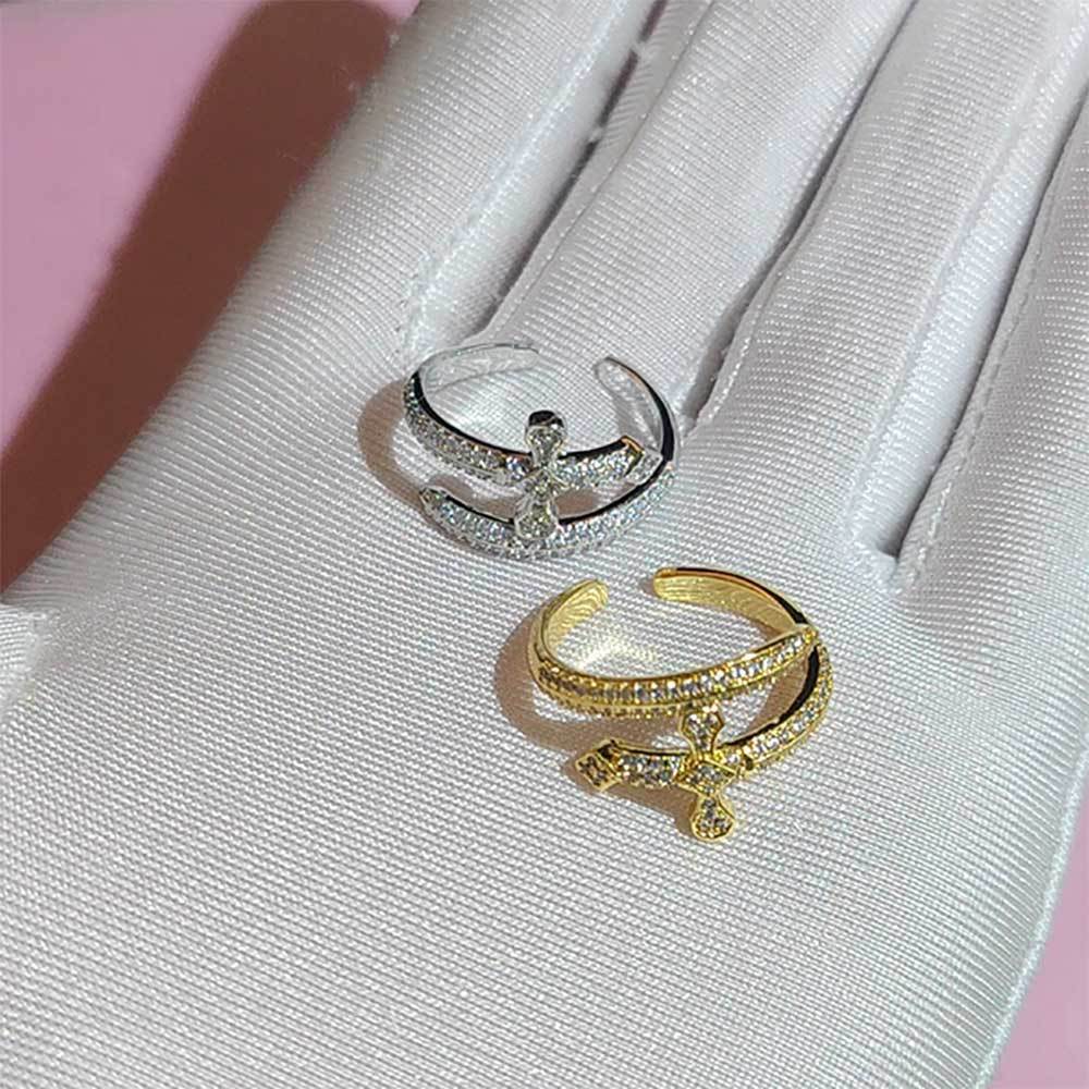 Unisex Copper Ring With Zircon Stones Adjustable Opening Geometric Cross Design Hip Hop Fashion Ring Men Women