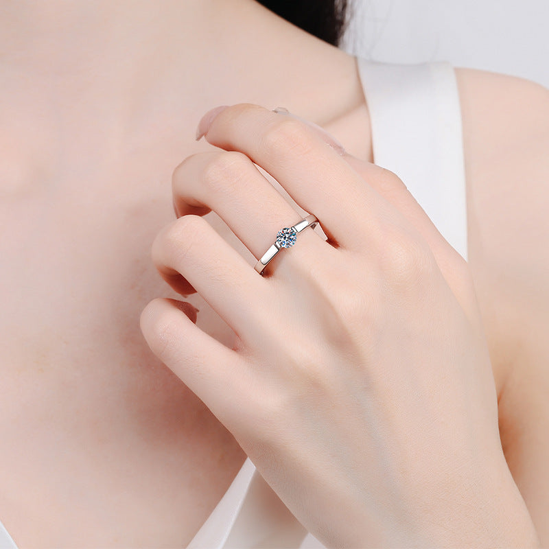 Sterling Silver Korean Geometric Ring With 5mm High Carbon Stone And 50 Points Moissanite Accent For Women Ring