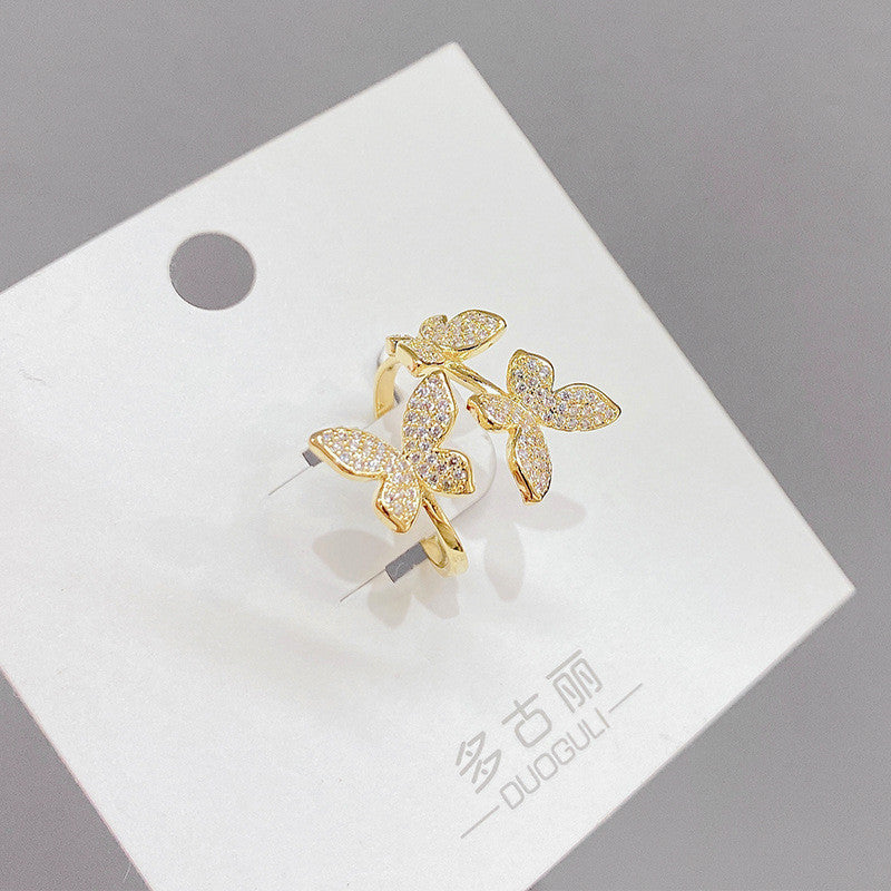Womens Butterfly Ring Gold Plated Copper Gemstone Floral Design Jewelry Elegant Statement Accessory Korean Style