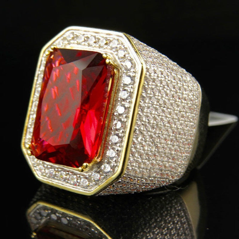 Mens Hip Hop Ring Red Corundum Zircon Inlaid Geometric Copper Gold Tone Square Jewelry Durable Everyday Styles