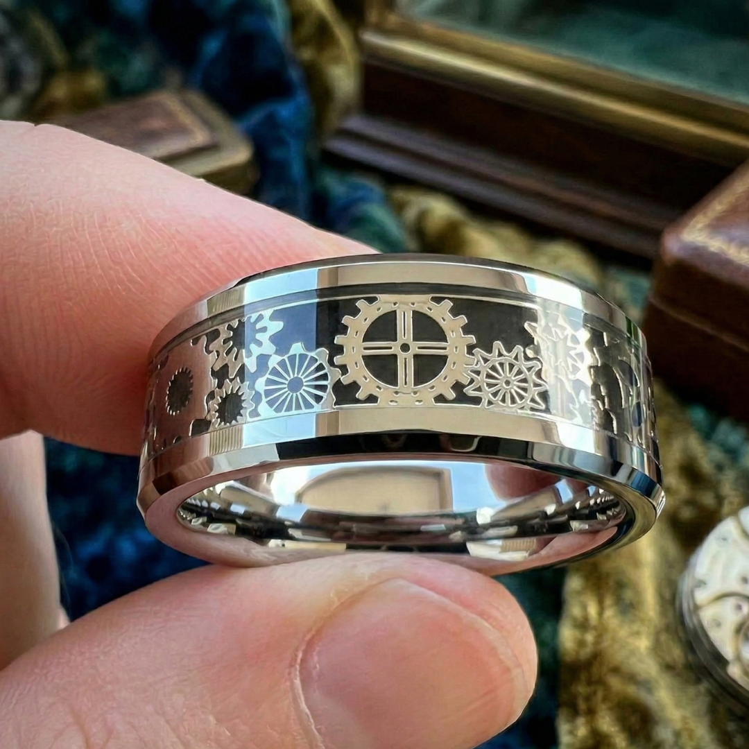 Titanium Steel Gear Spinner Ring for Men & Women, 8mm Rotating U-Shaped Geometric Band, Unisex Fidget Anxiety Ring