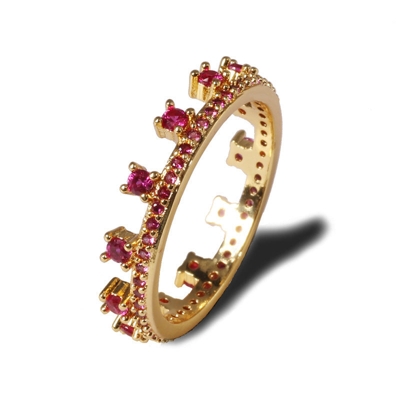 Ladies Fashion Crown Ring Geometric Diamond Ring Copper Heart Ring Gold-Plated Inlaid Artificial Gemstone Ring for Women Girls White Green Rose Color
