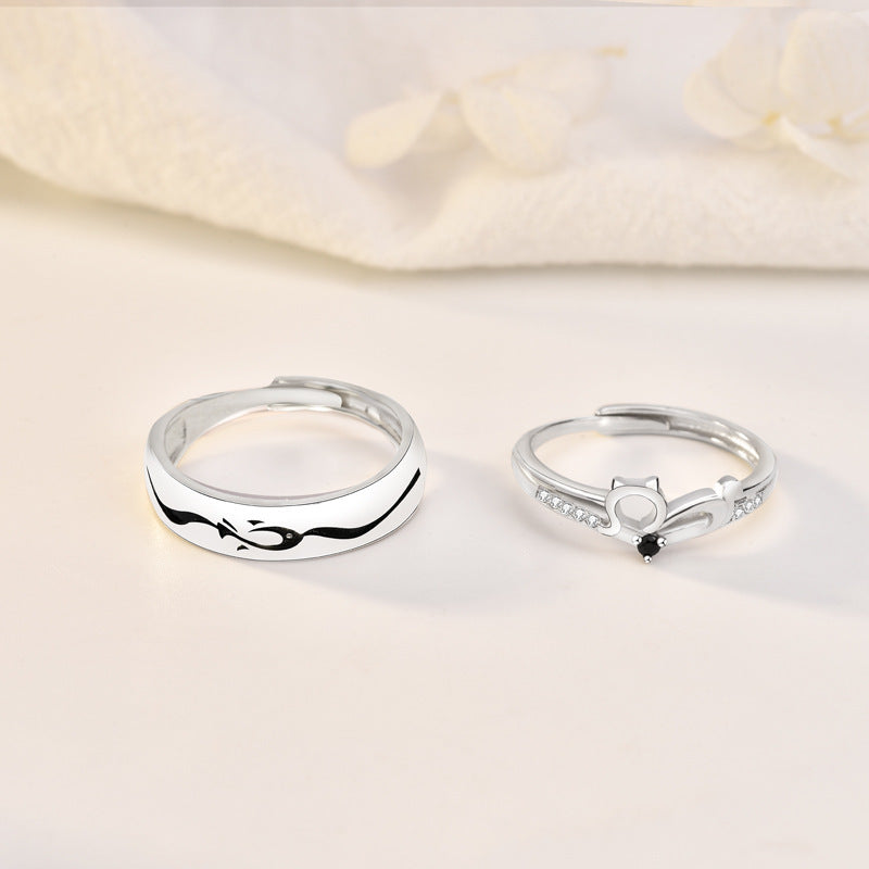 Sterling Silver Cat And Fish Couple Ring Set Matching Anniversary Band For Him And Her 925 Silver Gift For Two