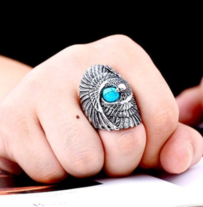 Vintage Turquoise Eagle Rings Alloy Fashion Statement Rings European American Design For Men Sizes 7 8 9 10 11