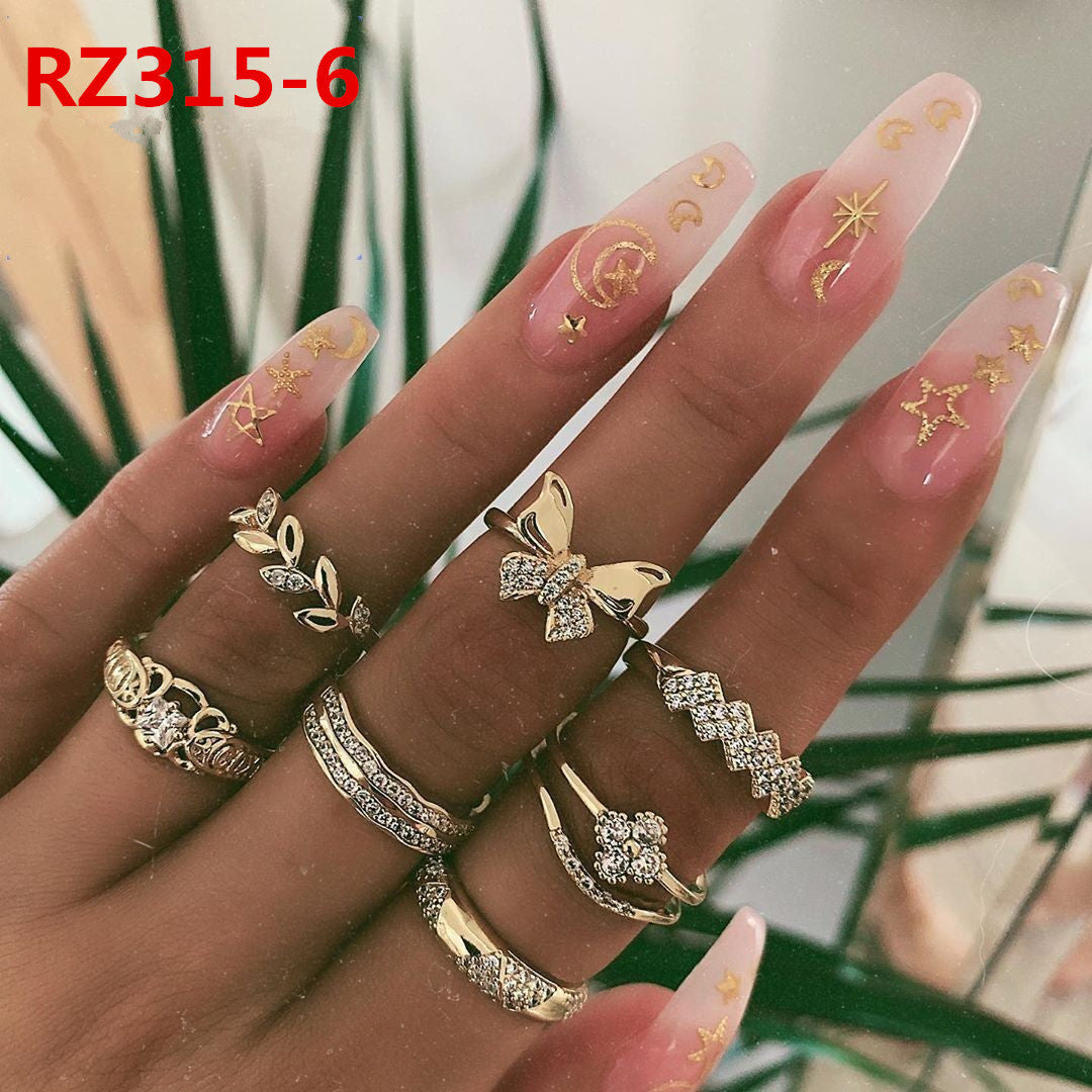 Womens Bohemian Ring Set Geometric Inlaid Gemstones Alloy Electroplated European Style Rings Jewelry Set Gifts