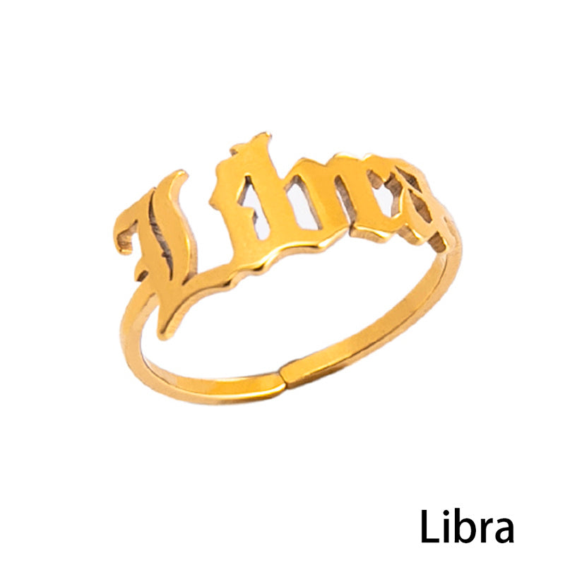 Stainless Steel Zodiac Sign Open Ring Adjustable Gold Letter Initial Ring for Women Lightweight Everyday Spark