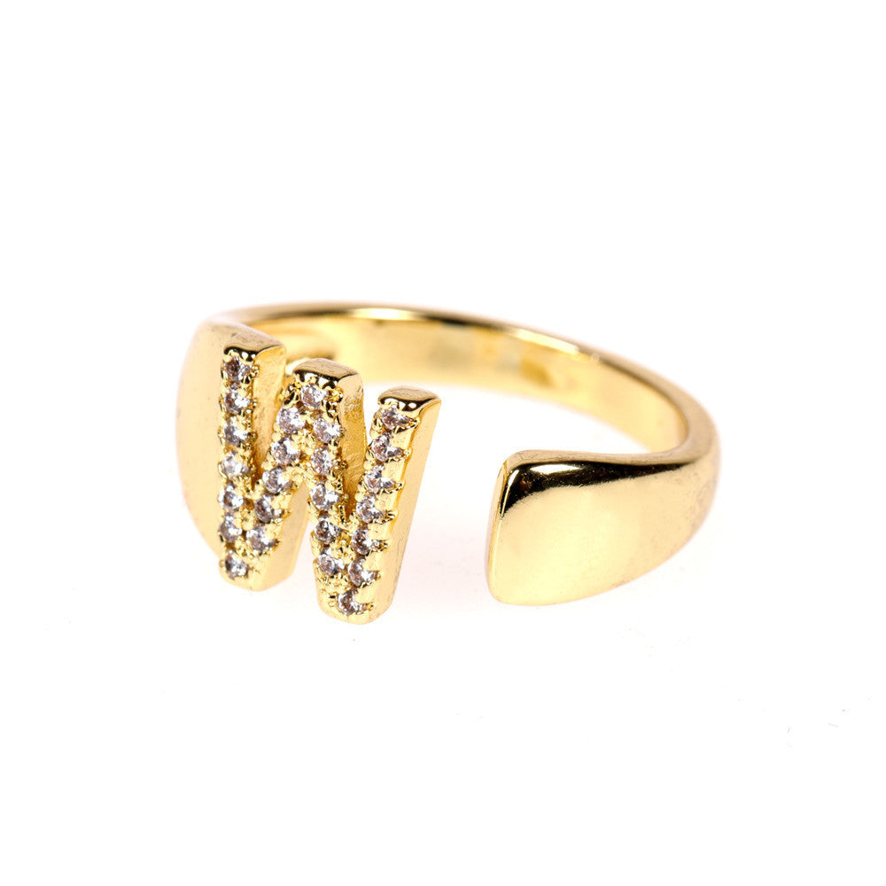 Women Initial Letter Ring Adjustable Gold Plated Diamond Accent Personalized Alphabetical Jewelry Gift For Her