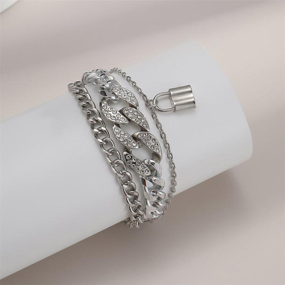 Womens Layered Bracelet With Micro Diamond Lock Pendant Electroplated Alloy Metal Geometric Design Adjustable Extension