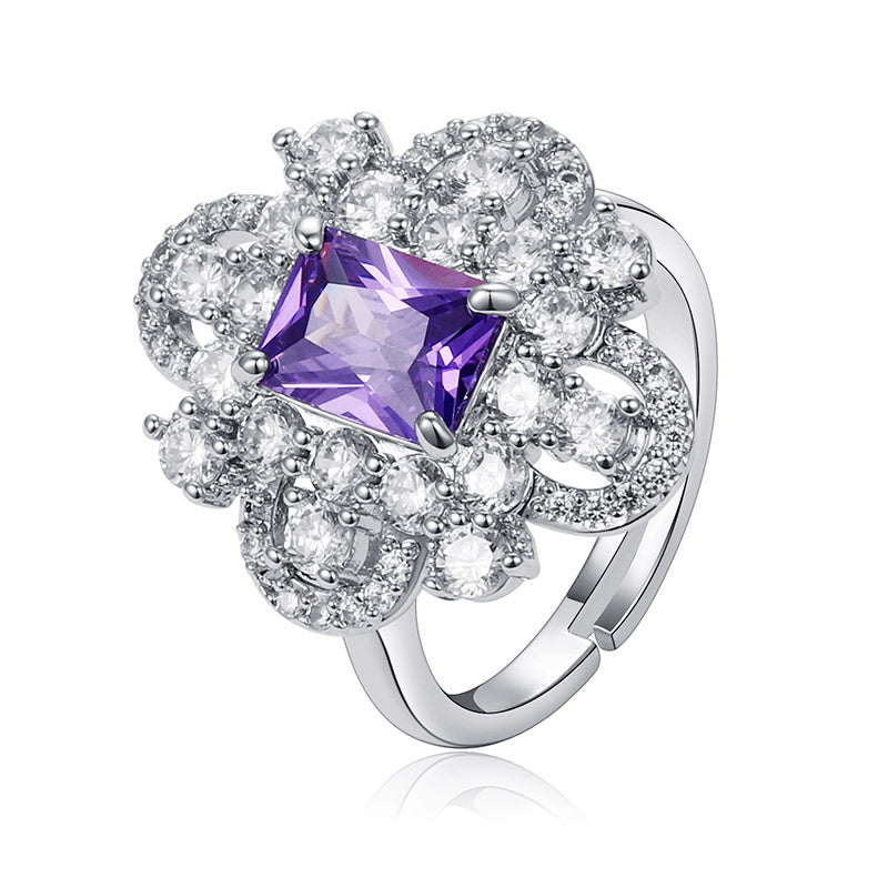 Womens Copper Ring with Color Zirconium Geometric Design Palladium White K Processing Noble Retro Fashion Ring Jewelry Gift For Her