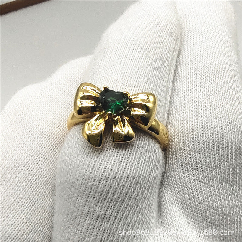 Womens Adjustable Ring Emerald Heart Zircon Bow Copper