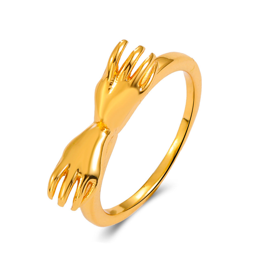 Vintage Hugging Hands Ring Vintage Electroplated Band With Zircon Stone Geometric Design Love Ring Birthday As