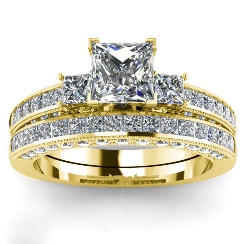 Gold Plated Alloy Couple Rings With Crystal Diamond Accents Geometric Promise Wedding Bands For Her Collection
