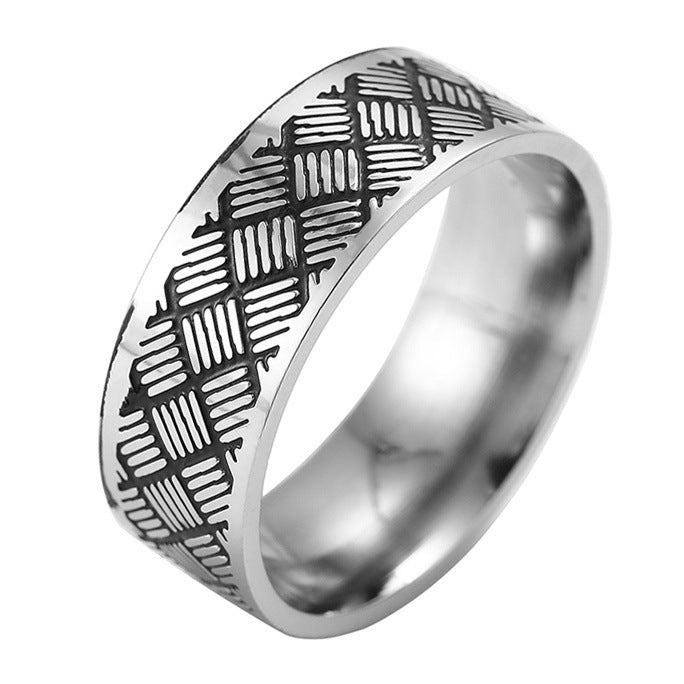 Vintage Geometric Engraved Ring 8mm Stainless Steel Band Titanium Look Men Women Fashion Jewelry Classic Style
