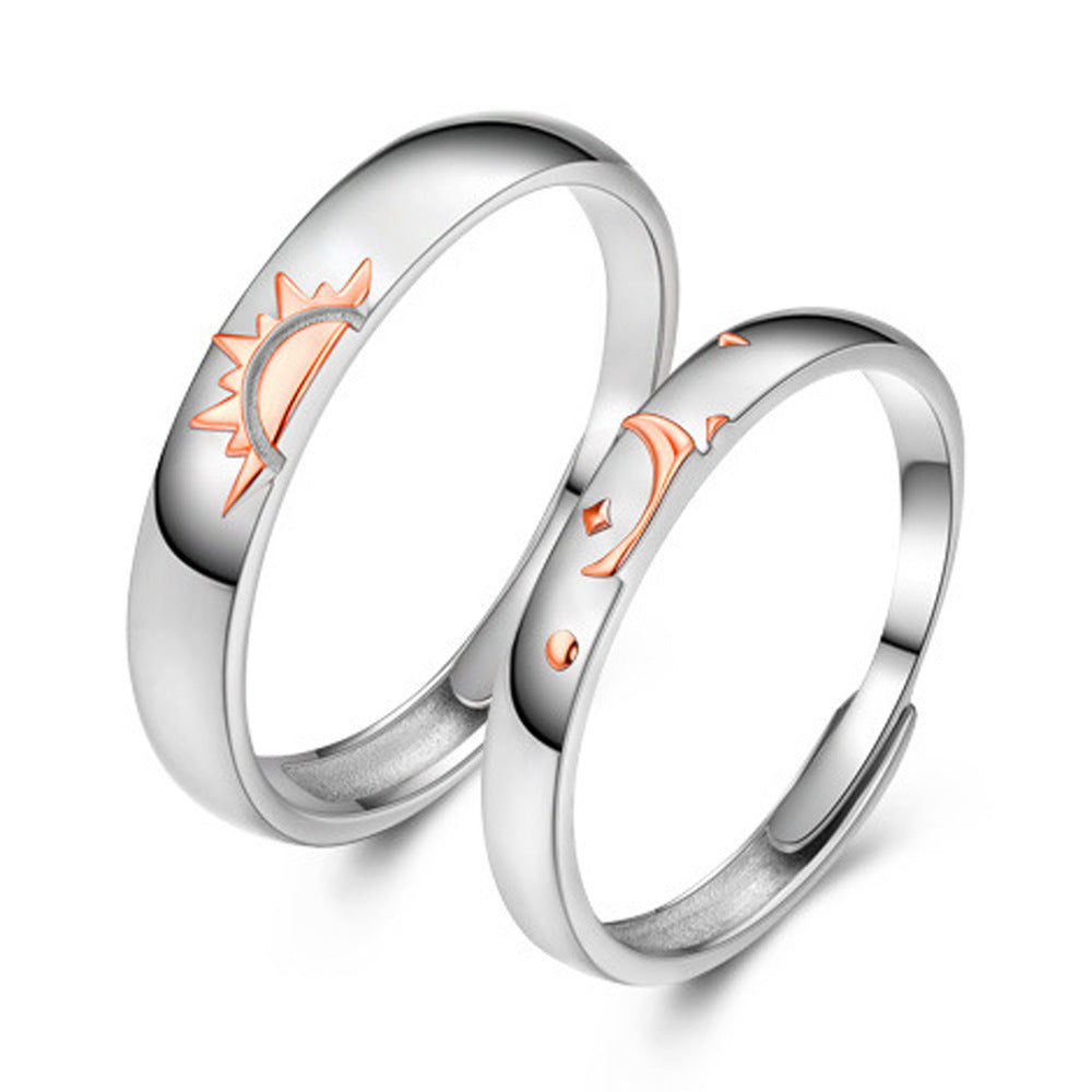 Sterling Silver Geometric Couple Rings With Zirconia Inlay Open Polished Electroplated Matching Wedding Bands Set