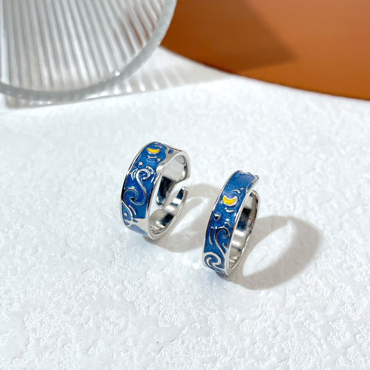 Adjustable Alloy Couple Ring Set With Blue Dripping Oil Finish Starry Sky Matching Rings For Him And Her Gifts