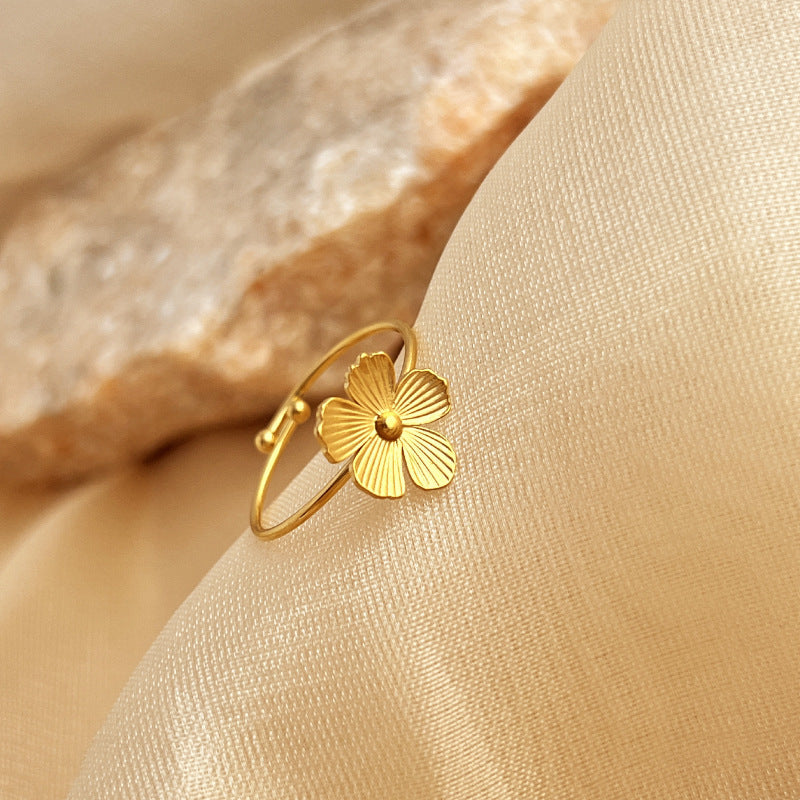 Unisex Stainless Steel Open Ring With 18K Gold Plated Flower Design And Heart Shape Adjustable Ring Fine Style