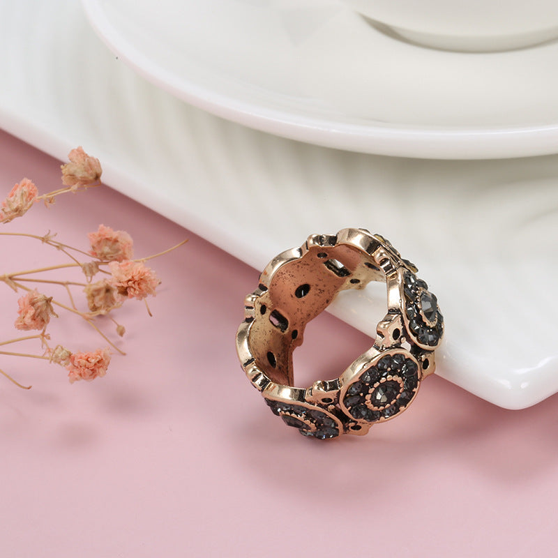 Womens Bohemian Geometric Ring In Antique Gold Plated Alloy With Inlaid Gemstones Vintage Electroplated Sparkle Finish