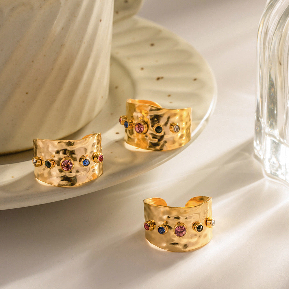 Adjustable Zircon Ring Stainless Steel Gold Tone Wide Band Fashion Jewelry Elegant Gift for Her Stylish Everyday Wear