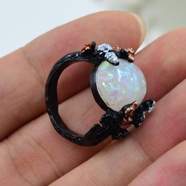 Vintage Flower Opal Ring In Black Gold Finish With Geometric Design Sizes 6 7 8 9 10 With Elegant Details Soon