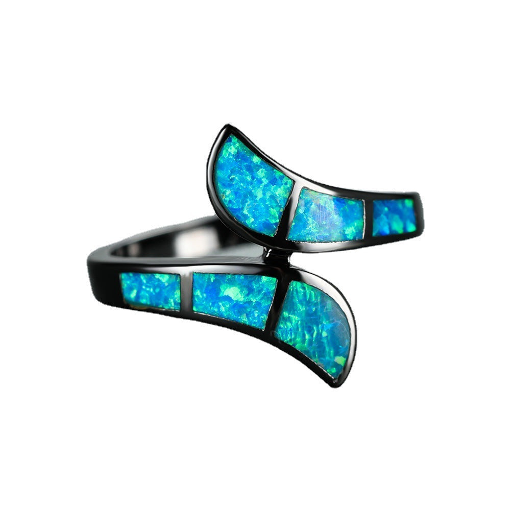 Unisex Black Gold Arc Opal Ring Copper Fashion Wedding Gift For Men And Women Blue Accents Bold Arc Jewel Ring