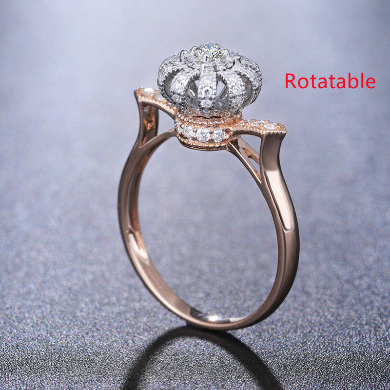 Rotating Crown Ring Two Tone Electroplated Alloy Heart Shaped Ring European Design Womens Fashion Ring Elegance