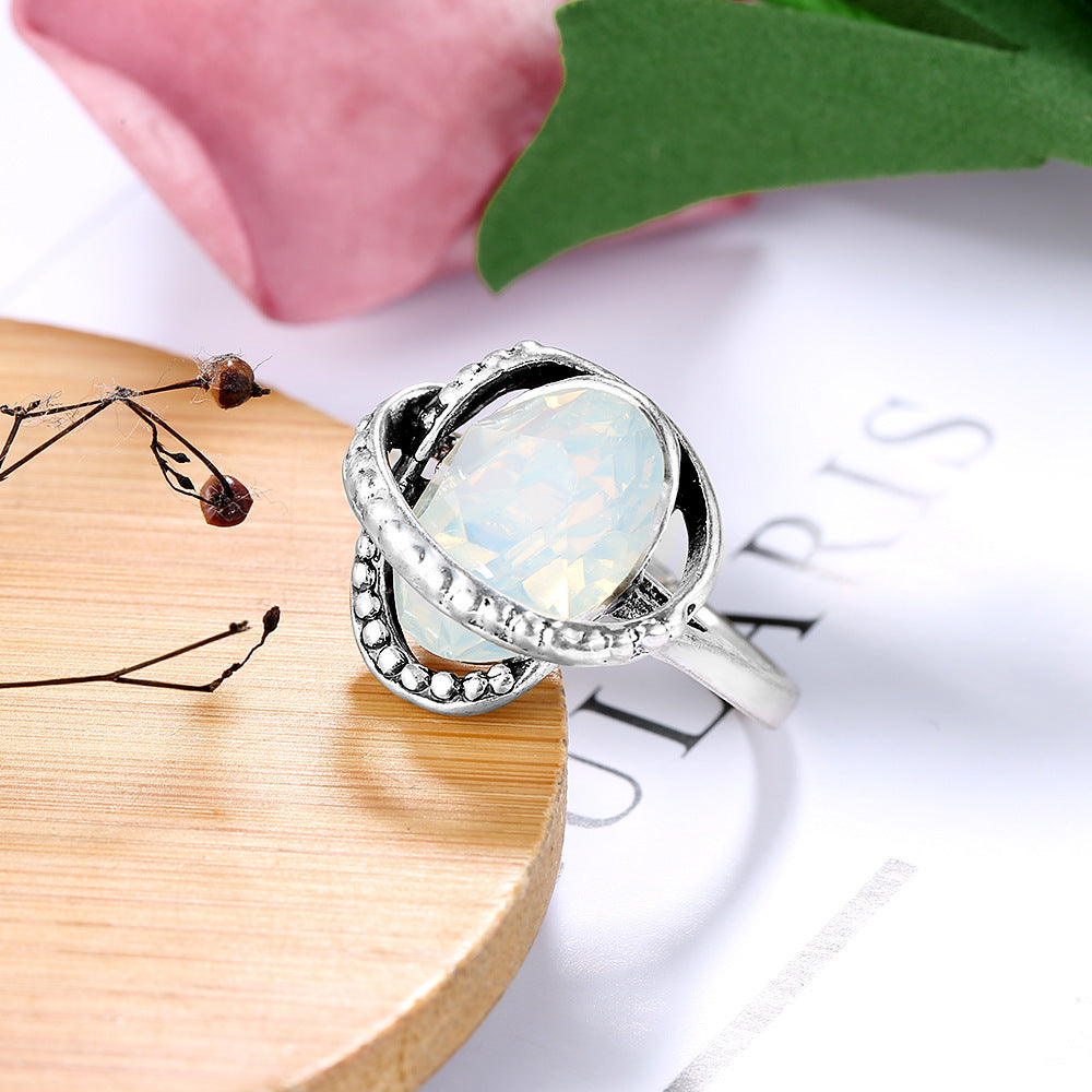 Womens Electroplated Alloy Ring With Opal Geometric Ethnic Design Retro Fashion Statement Jewelry Accessory Trendy