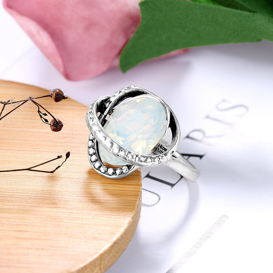 Womens Electroplated Alloy Ring With Opal Geometric Ethnic Design Retro Fashion Statement Jewelry Accessory Trendy