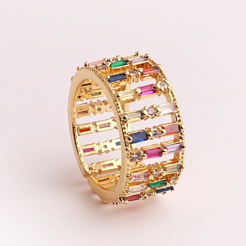 Womens Ring with Multicolor Zircon Diamond Color Ornament Wide Band Hand Decoration Adjustable Opening Geometric Copper Ring for Fashion Women