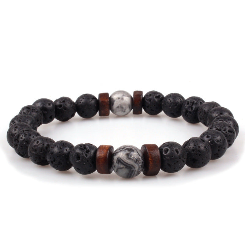 Unisex Volcanic Stone Beaded Stretch Bracelet With Crystal Accents And Wood Beads Geometric Wood Bead Design For Yoga