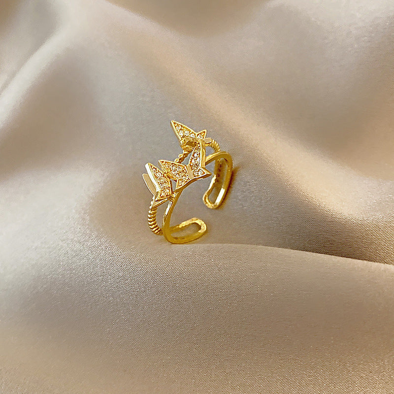 Womens Copper Bowknot Zircon Inlaid Ring Butterfly Design Double Insulated Fashion Jewelry Gift For Her Zircon