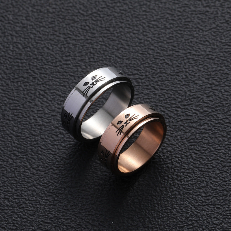 Unisex Stainless Steel Ring With Rotating Cat Face Design And Geometry Metal Elements Silver Gold And Cat Face