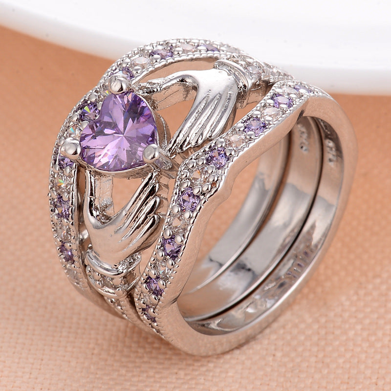 Three Piece Hearts And Arrows Zircon Ring Set Green Purple Red Blue Diamond Colors For Women Fashion Accessory